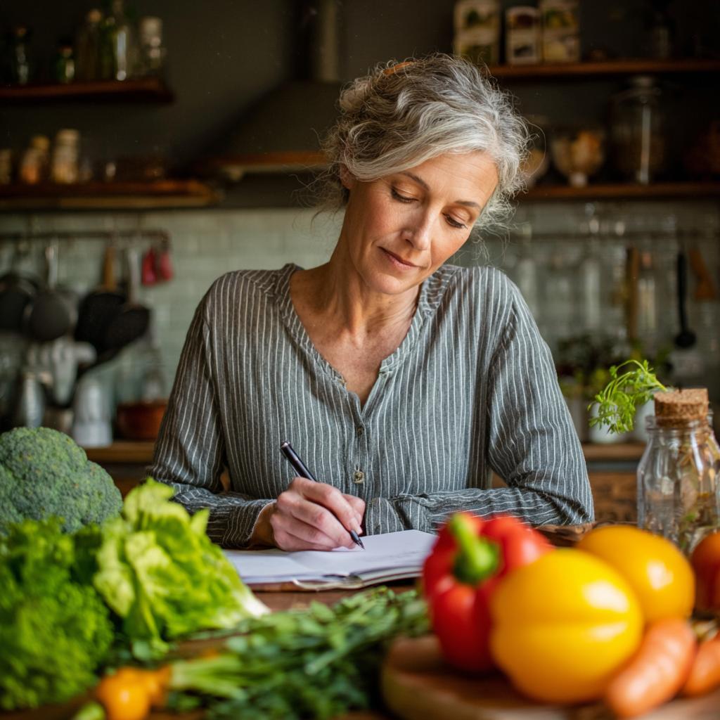 Middle-aged woman planning balanced meals with fresh ingredients